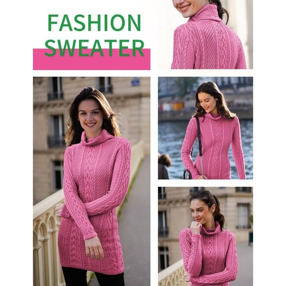 Women's Polo Neck Long Fitted Dress Bodycon Turtleneck Cable Knit Sweater Pink - Picture 4 of 4